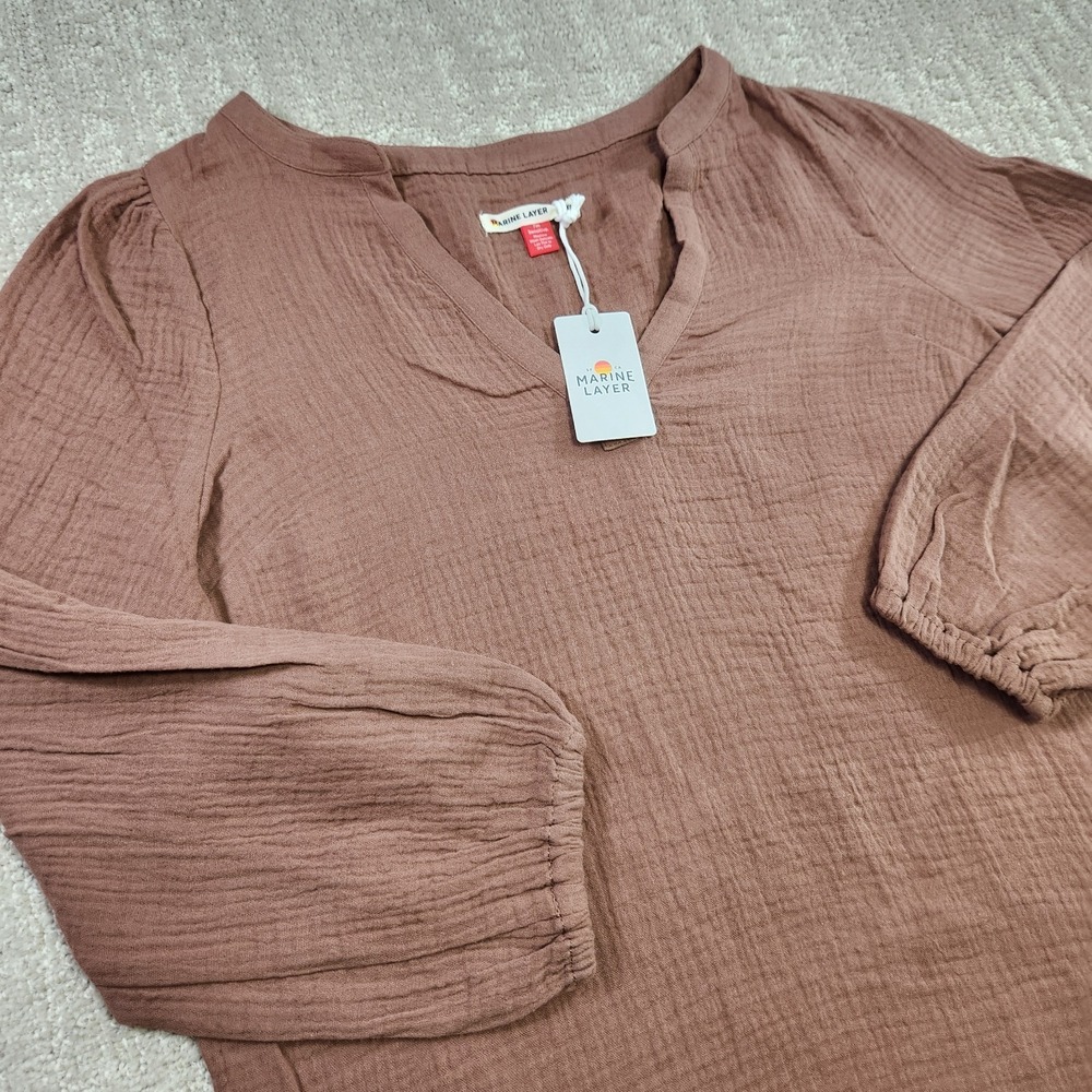 Marine Layer Shirt Women XS Jamie Banded Collar Top Rosewood Long Sleeve Aztec